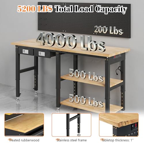 SPECRAFT 72" 2-Tier Heavy Duty Work Bench with Drawer & Pegboard, Workbench with Storage, Adjustable Height – 5200 LBS Capacity, Power Outlets, for Garage, Workshop & Home Use