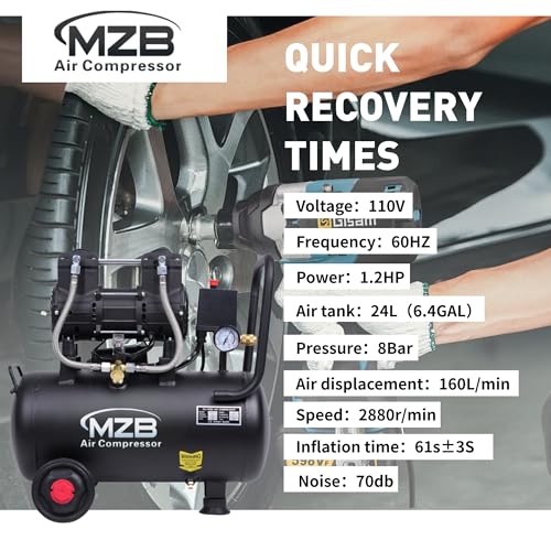 MZB 6.4 Gallon Ultra Quiet Air Compressor 110V/60Hz Steel Tanks Oil-Free 70dB Noise Level Air Compressor with Wheels for Spray Painting, Auto Repair, Carpentry Decoration