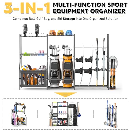 Ultrawall Sports Equipment Organizer, Golf Bag Stand with Ski & Snowboard Storage Rack, Ball Storage Rack with Basket, Garage Organization for Toy Storage, Indoor/Outdoor Use