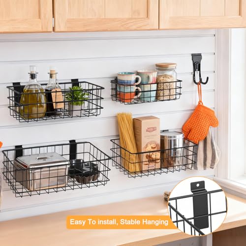 LYYUWE 12 Pack Slatwall Organizer Kit with 4 PCs Slatwall Baskets (10.5 to 13.5 Inches) and 8 PCs Slat Wall Hooks Heavy Duty, Black Steel Slatwall Accessory for Garage, Retail Display and Home Storage