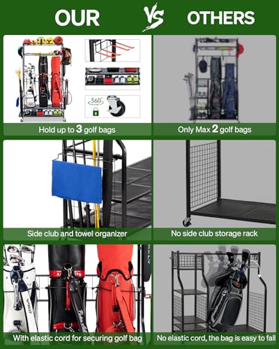 FHXZH Golf Bags Storage Garage Organizer - Stand for 3 Golf Bags, Clubs, and Equipment Accessories with Wheels