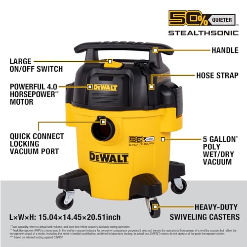 DEWALT Wet Dry Shop Vac 5 Gallon, STEALTHSONIC Ultra Quiet Shop Vacuum Wet and Dry 4 Peak HP, Powerful Suction Wet Dry Vacuum Cleaner, Portable Vacuum for Home, Garage, Workshop, Jobsite, DXV05P-QT