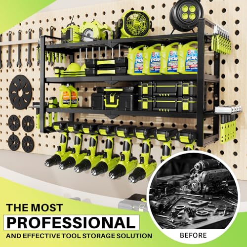 Large Power Tool Organizer Wall Mount, Garage Storage Cordless Tool Organizer with Screwdriver Holder, Heavy Duty Metal Storage Rack with 8 Drill Holder 4 Layer, Gifts for Men Who Have Everything
