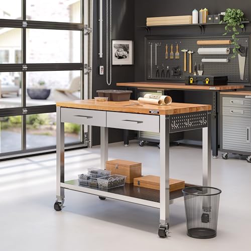 Seville Classics Commercial Work Table Island Utility Cart Prep Station, for Restaurant, Kitchen, Warehouse, Garage, Hotel, Home, Stainless-Steel, Solid Wood Top, 48" W x 24" D