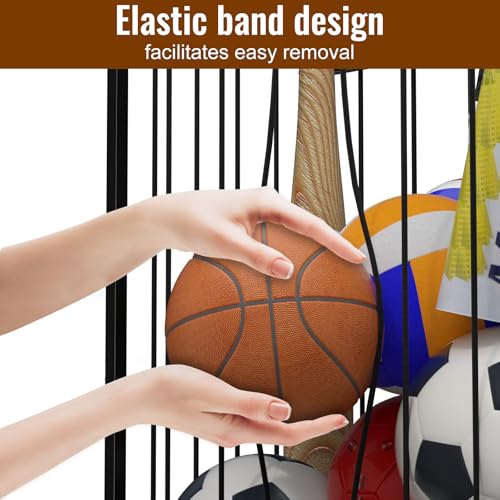 RAUMRIGGE Garage Ball Storage with Wheels, Ball Sports Organizer Storage Cart, Sports Equipment Organizer, Sports Ball Rack With Elastic Rope, Garage Organization Storage Rack, Ball Holder, Black