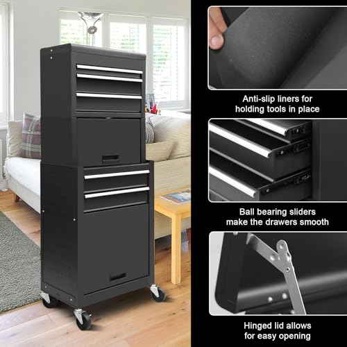 Torin ATB225XBB Rolling Tool Chest for Home & Garage Workshop: 3-in-1 Tool Box Organizer with Lockable Wheels, Sliding Drawers and Detachable Top, Black
