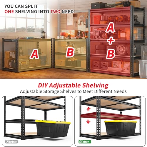 REIBII 2400LBS Garage Shelving 5 Tier Storage Shelves Heavy Duty, Adjustable Metal Shelving Unit,Garage Shelves for Basement,Warehouse,Pantry,Closet,Kitchen 72" H x 36" W x 16" D,2 Pack