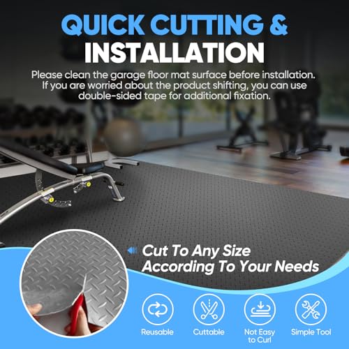 7.5 X 17 FT Rubber Garage Floor Mat, Diamond Plate PVC Mats Thickened Garage Flooring Roll for Under Car, Parking Mat Heavy Duty Non-Slip Protector, for SUV, Trailer, Gym, Shed, Basement (Grey)