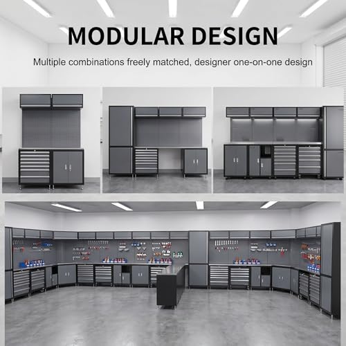 Heavy Duty Garage Storage Cabinet System 4/6/8/10-Piece, Modular Garage Cabinets with Workbench & Rolling Cart for Workshop Organization (grey, 6-pcs)