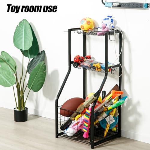 YueTong Sports Equipment Organizer for Garage Organization,Ball Storage With Basketball Holder and Ball Cart Rack,Outdoor Toy Storage with Bin for Nerf Gun,Football,Volleyball Stuf,Gym Accessories