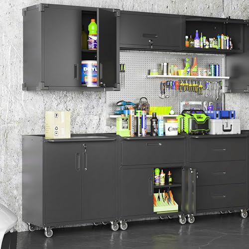 EKJ Metal Garage Storage Cabinet on Wheels, Lockable Rolling Tool Cabinet with Doors and Shelves, Heavy Duty Mobile Steel Cabinet for Garage Warehouse Workshop