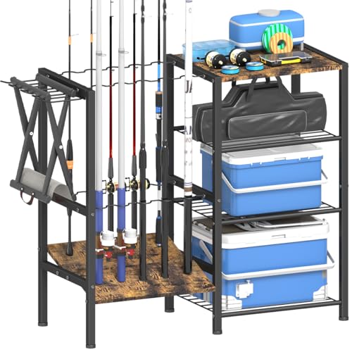 Tigerden Fishing Rod Holders for Garage, Fishing Pole Holder Stand with Multifunctional Hook, 4 Tier Fishing Gear Equipment Organizers Rack, Fits Most Rods of 1.57" for Home Entryway Corner, Black