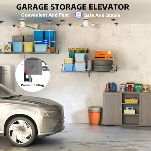 UODENGA Overhead Garage Storage Rack,4x4FT Garage Ceiling Storage Racks,Lift Storage Rack with Secure Lock,Holds 400 Lbs for Easy Up Down,Professional Organization System