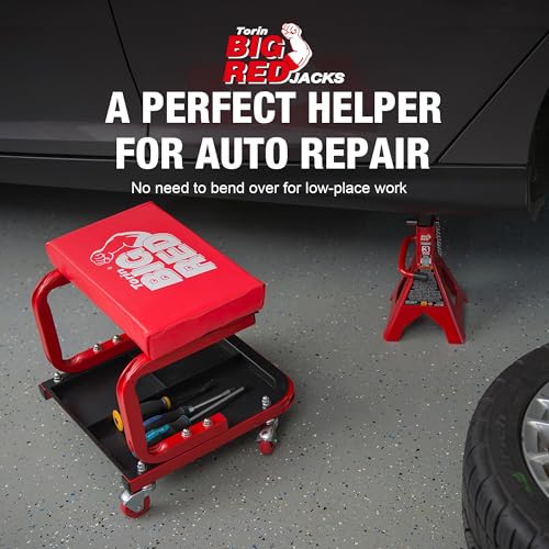 Big RED 250lb Red Rolling Automotive Creeper Garage/Shop Seat: Padded Mechanic Stool with Tool Large Tray Suitable for garages, Repair Shops