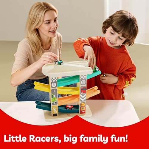 TOP BRIGHT Toddler Toys for 2 Year Old Boy, Wooden Car Ramp Race Track Set, Car Toys for Toddlers 1-3 with Cars and a Garage, Montessori Toys for 12 Year Old Boy Girl,Birthday Gift for Age 18+ Month