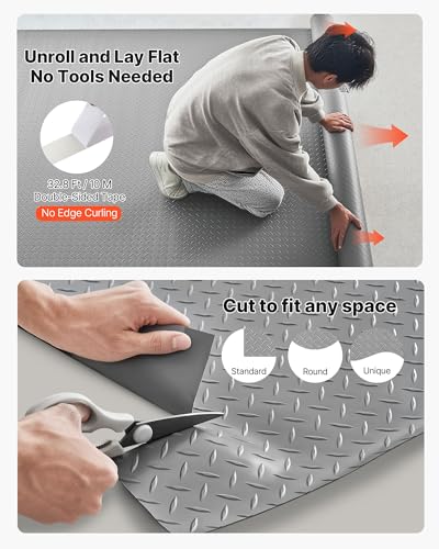 VEVOR Garage Floor Roll, 7.5 x 17 ft Garage Flooring Mat, 2.2 mm Thickened PVC Diamond Plate Floor Protector Mat with Double-Sided Tape, Non-Slip, Easy to Clean for Warehouse, Gyms,Silver Gray