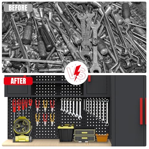 Big RED Garage Storage Cabinets System, 6-Pcs Workshop Cabinet Set in Black, Included Steel Cabinets Drawers Rolling Chest and Pegboard,Locked Garage Storage Cabinet