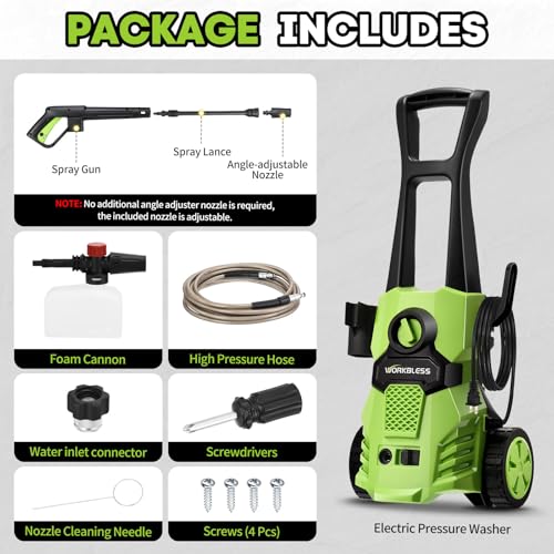WorkBless Electric Pressure Washer, w/23ft Hose & 18ft Cord, Angle-Adjustable Nozzle, Foam Cannon, Power Washer for Car, Driveway, Patio, Fence, House Cleaning