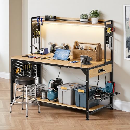 DWVO 59in Large Adjustable Height Workbench with Pegboard & LED Light, 1100lbs Load Heavy Duty Work Bench on Wheels. 59"x31" Work Table for Garage, Workshop, with AC/USB Outlet, Storage Shelf, Hooks