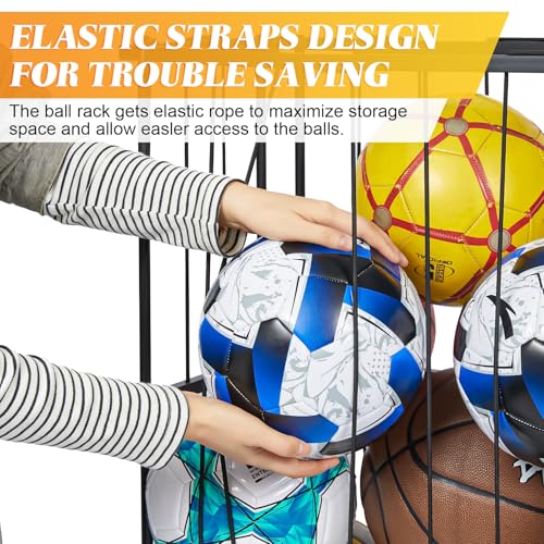 Garage Ball Storage Wall-Mounted & Floor Sports Equipment Organizer: Sports Ball Rack with Elastic Rope, Holder for Basketball, Soccer, Volleyball, Football, Garage, Gym, Black(Patent Pending)
