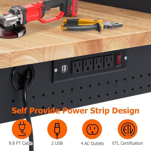 48" Adjustable Heavy Duty Workbench, 2000LB Capacity Solid Hardwood Top Work Bench with Wheels and Power Outlets, Mobile Rolling Garage Workstation for Workshop, Home Office & DIY