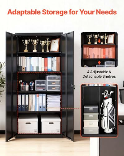 VEVOR Metal Storage Cabinet, Lockable Steel Garage Cabinet with Magnetic Doors and Adjustable Shelves, 2 Keys, 5-Tiers Tall Tool Locker for Home, Office, School, Pantry, Warehouse, Laundry, Black