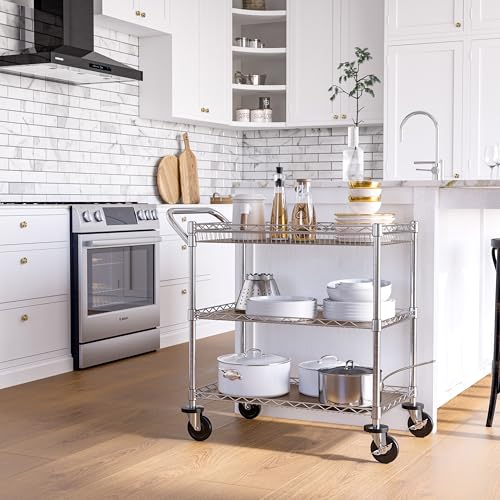 Seville Classics UltraDurable NSF Commercial Heavy Duty Metal Rolling Utility Cart, w/ Steel Shelves, Handle Bar for Restaurant, Garage, Warehouse, Kitchen, Office, Top Basket 35.5"W x 20.25"D, Chrome