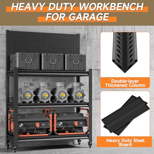 TOPASS Workbench with Pegboard, Adjustable Heavy Duty Work Table with Wheels, Heavy Duty Workstation, Metal Tool Work Bench for Garage Warehouse Workshop, 48" H x 18" D x 34" W, Black