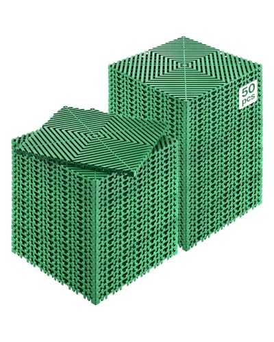 VEVOR Interlocking Drainage Mat, 50 Pcs Modular Interlocking Cushion, 12” x 12” Splicing Drainage Mats, Non-Slip PP Drainage Floor Tile and Shower Mat, for Garage, Garden, Kitchen & Outdoor, Green