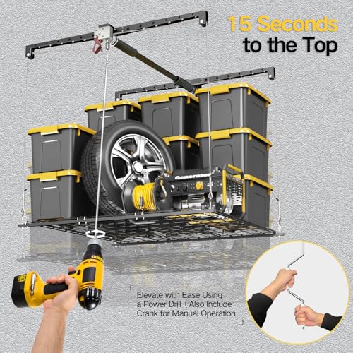 Overhead Garage Storage Rack for 8-10ft Ceiling, Heavy-duty 4x4 FT Garage Ceiling Storage Racks with Safety Lock, Ideal for Storage Mounted Lift System and Storage Organizer, 250lbs Capacity