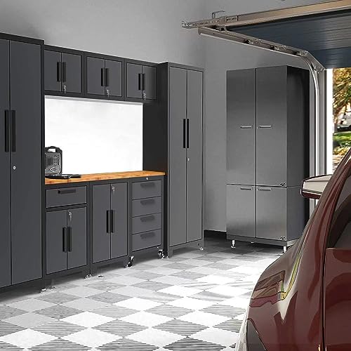 Torin APK112B Garage Storage System: Heavy-Duty 9-Piece Cabinet Set with Worktop, Adjustable Shelves, and Secure Lockable Doors, Black/Grey