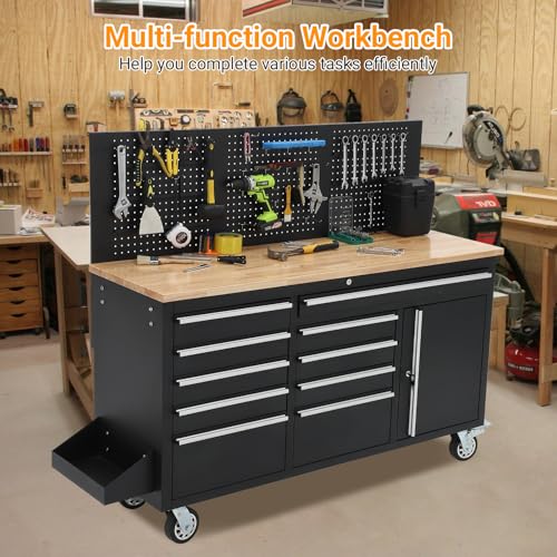 61-inch Rolling Tool Chest, 10 Drawers Garage Workbench Storage Tool Cabinet with Power Strip, Solid Rubber Wood Top, 1675 LBS Load Mobile Workstation, Heavy Duty Rolling Cabinet