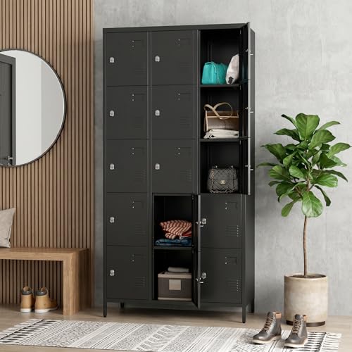 SUPEER Metal Lockers for Employees,15 Door Steel Storage Lockers for School Gym Office Garage, Lockable Metal Lockers for Personal Items,15.75" D x 35.43" W x 72" H,Assembly Required,Black