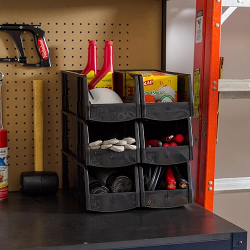 IRIS USA Large Stackable Storage Bins, 8-Pack, 13"L x 6"W x 5"H, |Made in USA|, Plastic Open Front Shelf Bin for Organizing Parts, Hardware, Tools, Supplies, Garage Shelf, Pantry - Black