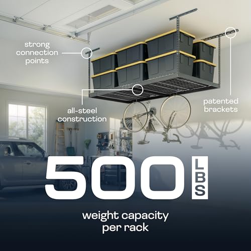 2-Pack 4 x 8 MonsterRax Overhead Garage Storage Rack, Ceiling Racks for Garage, Organization Shelving, Adjustable Hanging Shelf, Grey, 12"-21" Height Adjustment