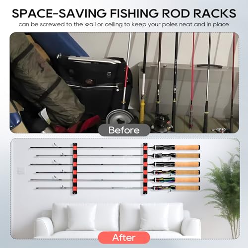 Axlksia Fishing Rod Holder Wall Mount, 1 Pair Fishing Pole Holders for Garage, Boats, 6 Fishing Rod Storage Racks