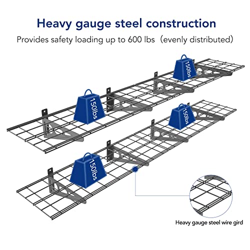 FLEXIMOUNTS 2x8 Overhead Garage Storage Adjustable Ceiling Storage Rack with 2-Pack 1x6ft 12-inch-by-72-inch Wall Shelf, 400lbs+600lbs Capacity,Black