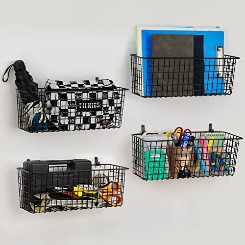 4 Set [EXTRA LARGE] Hanging Wall Mount Storage Baskets with Adhesive Hooks & Steel Hooks, Multiuse Sturdy Wire Metal Organizing Baskets for Home Kitchen Bathroom Pantry Utility Organizer, Black