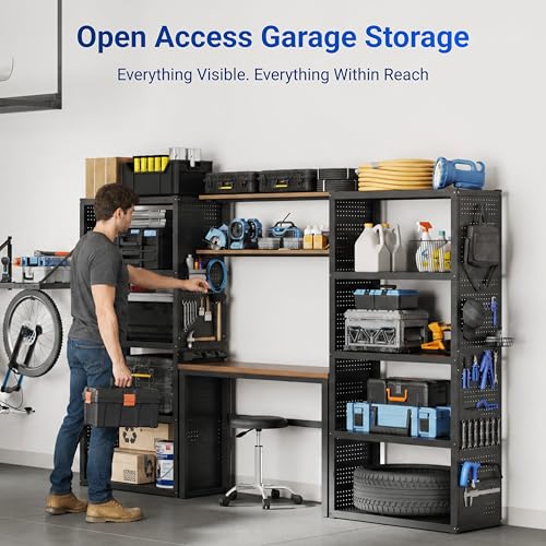FLEXIMOUNTS Garage Storage System with Workbench & Pegboard, 117" Modular Garage Organization System, Heavy Duty Steel Garage Shelving & Tool Organizer for Garage Workshop, Black FLEXIMOD Series