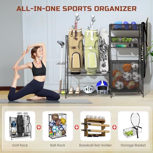 BOEASTER Garage Sports Equipment Organizer,3 Golf Bags Storage Stand,Heavy-Duty Ball Storage Rack with Basket and Hooks,Space-Saving Design for Toy Sports Gear Storage Indoor/Outdoor Use
