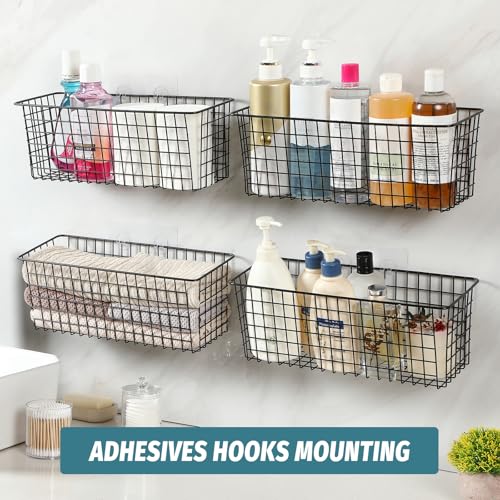 4 Set [EXTRA LARGE] Hanging Wall Mount Storage Baskets with Adhesive Hooks & Steel Hooks, Multiuse Sturdy Wire Metal Organizing Baskets for Home Kitchen Bathroom Pantry Utility Organizer, Black