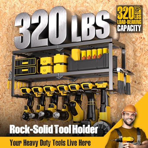Spampur Power Tool Organizer for Tool Storage, Drill Holder Wall Mount with Screwdriver Organizer, Tool Holder for Garage Wall Organization, Heavy Duty Metal Tool Shelf with Battery Holder