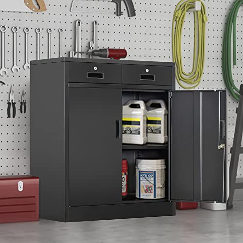Wanfu Metal Storage Cabinet, 36" H Locking Storage Cabinet with 2 Drawers and Adjustable Shelf, Metal Cabinets for Office, Garage, Home-Black
