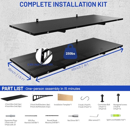 ZONEGRACE 2-Pack 1.5x4ft Garage Shelving Wall Mounted, 500 Lbs Heavy Duty Wall Shelves, Flat Metal Shelf Wall Mount For Garage Storage Wall With Complete Install Kit & Hooks, Black