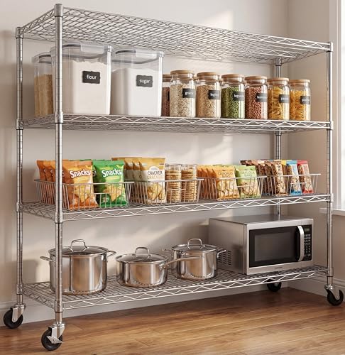 Mapleyard Chrome Storage Shelves with Wheels 55.5" W Garage Shelving Heavy Duty 4 Tier Adjustable Wire Shelving Unit Metal Shelving for Garage Pantry Commercial Basement,55.5" Wx24 Dx76 H
