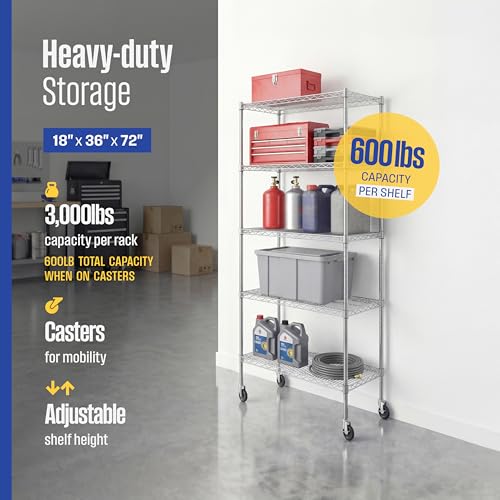 SafeRacks - NSF Certified Storage Shelves, Zinc, Heavy Duty Steel Wire Unit with Wheels and Adjustable Feet, Garage or Bakers Rack, Kitchen, Pantry Shelf - (18"x36"x72" 5-Tier) (Silver)