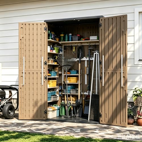 Aoxun 64 Cu.Ft Resin Outdoor Storage Shed with Floor, Large Outdoor Storage Cabinet, Vertical Storage Sheds with Floor, Waterproof Storage Cabinet for Garage Shed, Garden Tools, Pool Equipment, Brown