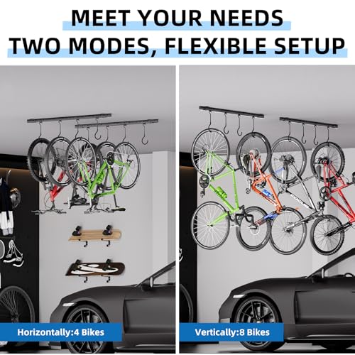 Urban Deco Ceiling Mounted Bike Rack for Garage, Indoor Metal Bike Hanger with 8 Adjustable Ceiling Hooks Hold 4-8 Bikes, Space-Saving Garage Bike Storage for Storing Bike (2-Piece Set)
