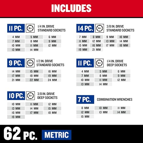CRAFTSMAN Mechanic Tool Set 189 Pcs, 1/4, 3/8, 1/2 Socket Set with 72 Tooth Low Profile Ratchet, Steel 6 and 12 point Sockets, Wrenches, Hex Keys, Deep Sockets, Bits, Metric and SAE (CMMT12134)