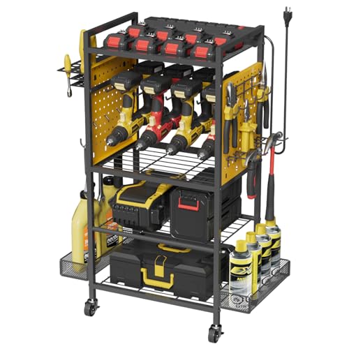 Power Tool Organizer Cart with Charging Station, Heavy Duty Garage Tool Organizer Rolling Tool Battery Storage with 8-Outlet Power Strip, 4 Wheels, 2 Hanging Baskets, 8 Hooks, Drill Bit Holder, Yellow